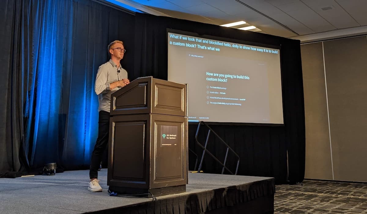 Nick Diego presenting at WordCamp US 2022.